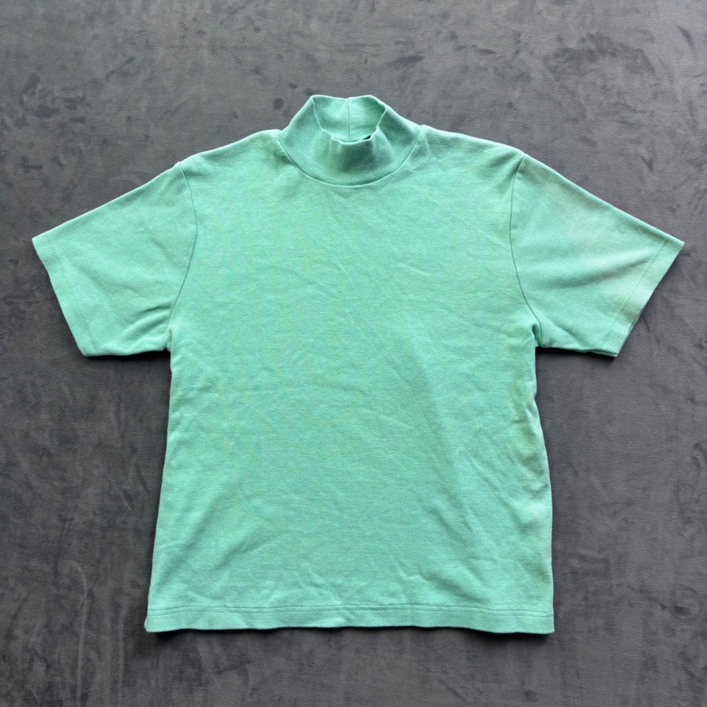 Vtg Jessi Lee Mint Green Ribbed Mock Neck Short Sleeve Top Large Cotton Blend